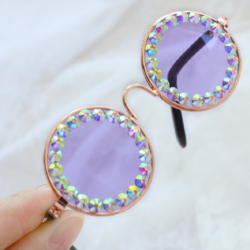 Round jeweled sunglasses with rhinestones for dogs, cats and pets.