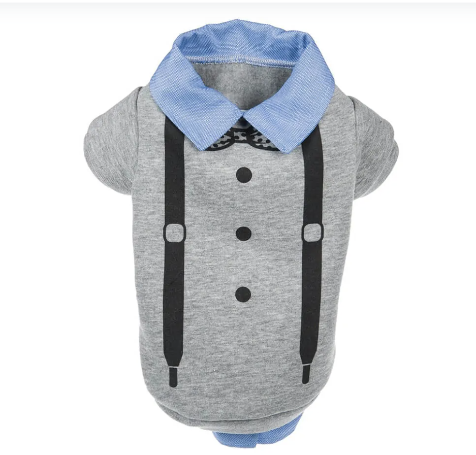 Elegant formal sweatshirt with printed braces and bow tie. Luxury chic clothing for your Pet.