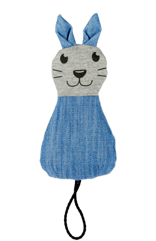 Rabbit in Faded Jeans and Sweatshirt. Sound game for your Pet.