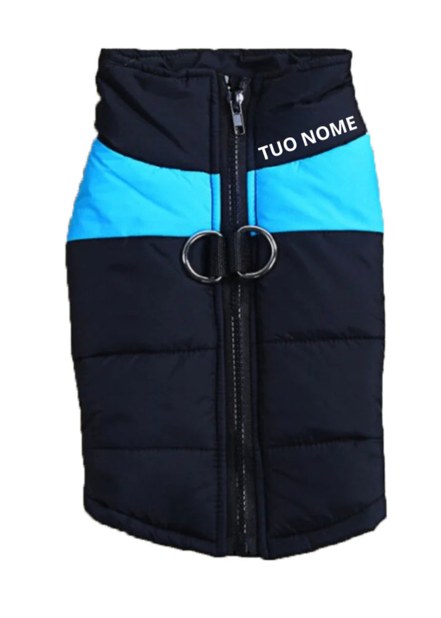 Padded down jacket with integrated bib. Clothing for dogs, cats and pets.