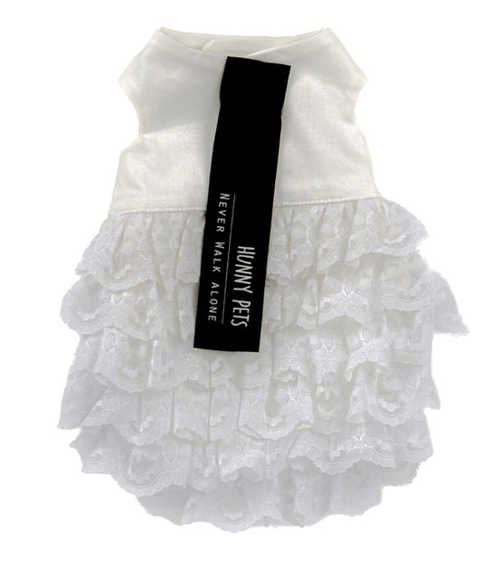 Tailored white dress with Rouches for the most special ceremonies. Luxury clothing for your pet.