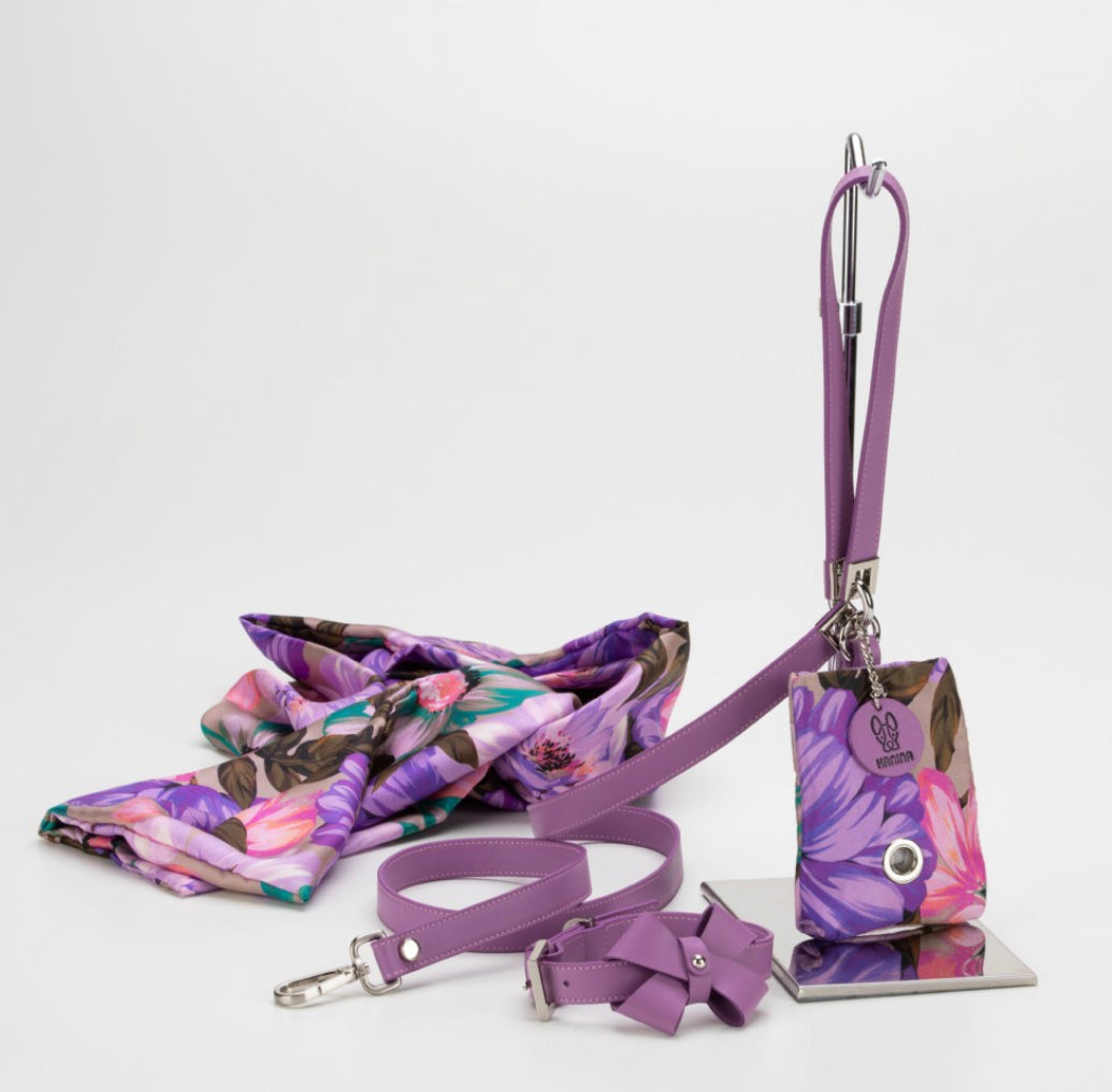 Butterfly set - luxury coordinated for dogs with collar, leash, bag holder and scarf for the human mother.