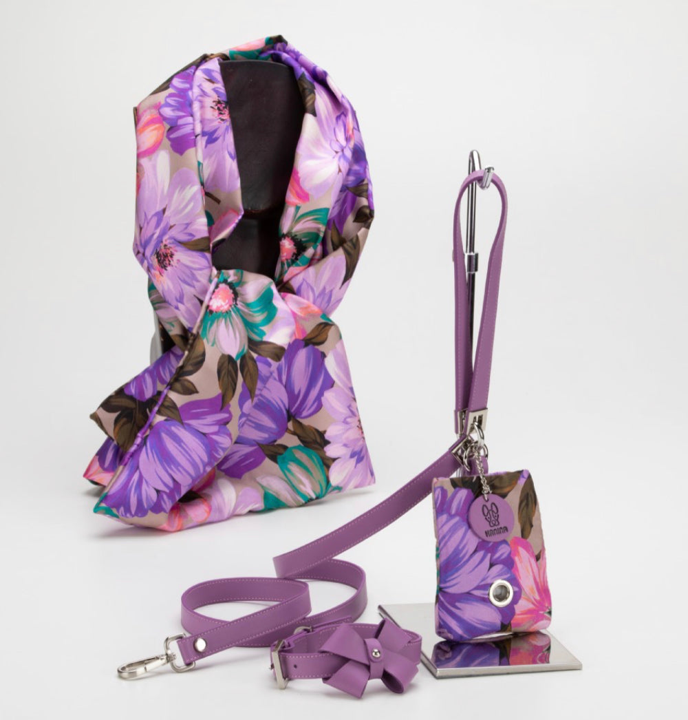 Butterfly set - luxury coordinated for dogs with collar, leash, bag holder and scarf for the human mother.