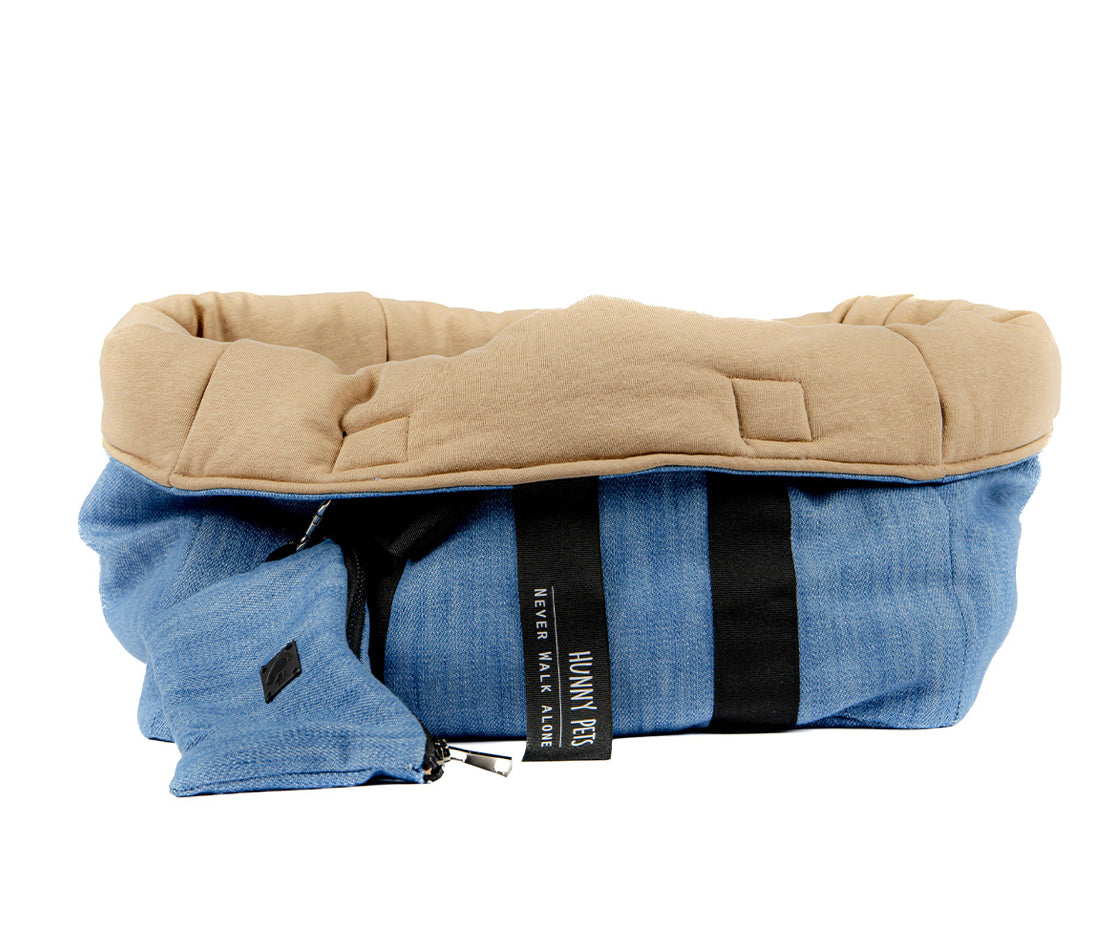 Kennel/Bag in Jeans with pochette and internal cushion. 2 functions in 1. Luxury accessories for your Pet.