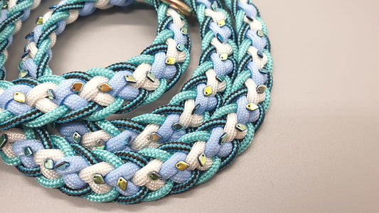 Hand-woven collar and leash with individually sewn beads. Luxury accessories for your Pet.