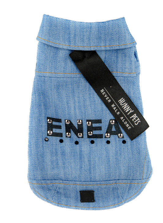 Sleeveless in jeans customizable with the name of your Pet. Chic casual clothing for dogs, cats and pets.