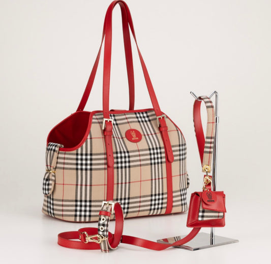 Luxury Set for Dogs complete with Carrier Collar Leash Bag Holder in perfect British style.