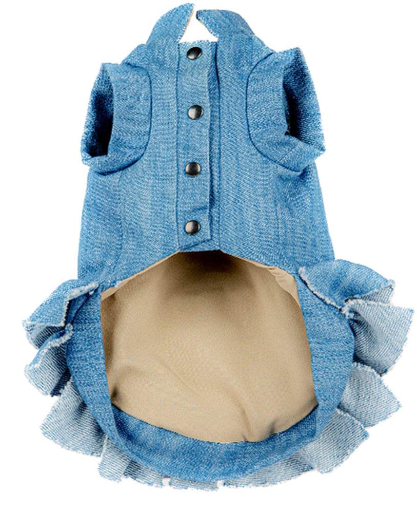 Gorgeous pinafore in jeans with ruffles for your Princess. Luxury clothing for your pet.