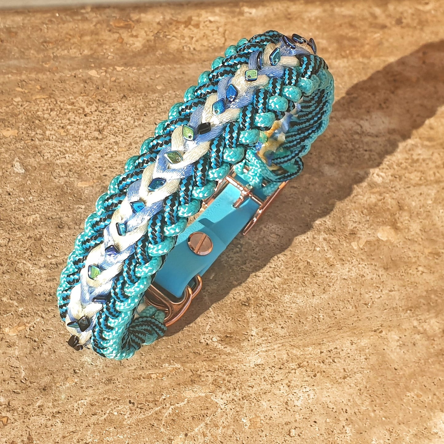 Hand-woven collar and leash with individually sewn beads. Luxury accessories for your Pet.