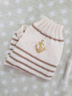 Hand knitted jumper with gold Anchor and sailor stripes. Luxury chic dog clothing.