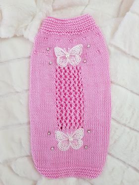 Super luxury knitted dog dress with butterflies and openwork design.
