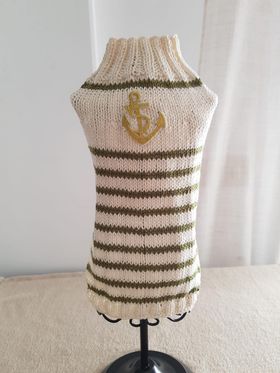 Hand knitted jumper with gold Anchor and sailor stripes. Luxury chic dog clothing.