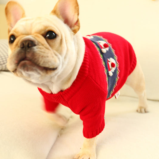 Maglione Natalizio intarsiato con Babbo Natale e con palline colorate. Abbigliamento chic di lusso per cani, gatti e animali domestici.