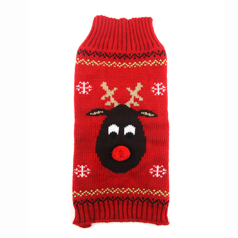 Christmas sweater with intarsia, stripes and reindeer with raised red nose for dogs, cats and pets