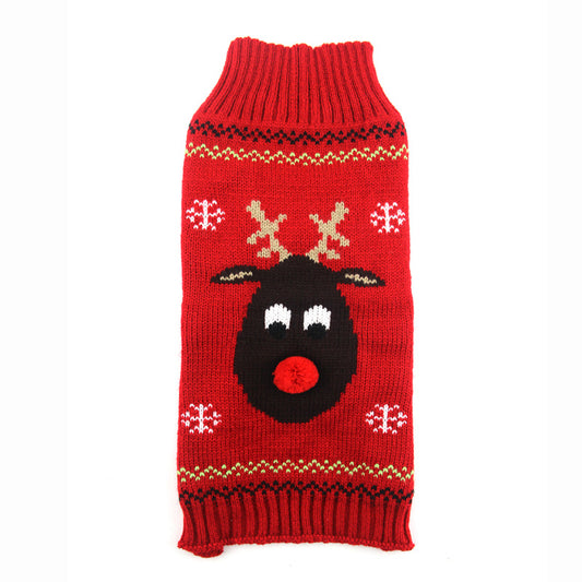 Maglione natalizio con intarsi, righe e renna con naso rosso a rilievo per cani, gatti e animali domestici