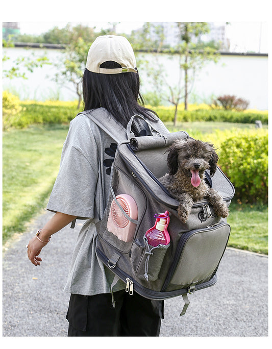 Four seasons pet travel trolley backpack. Large, breathable, comfortable. Luxury chic travel accessories for your pet.