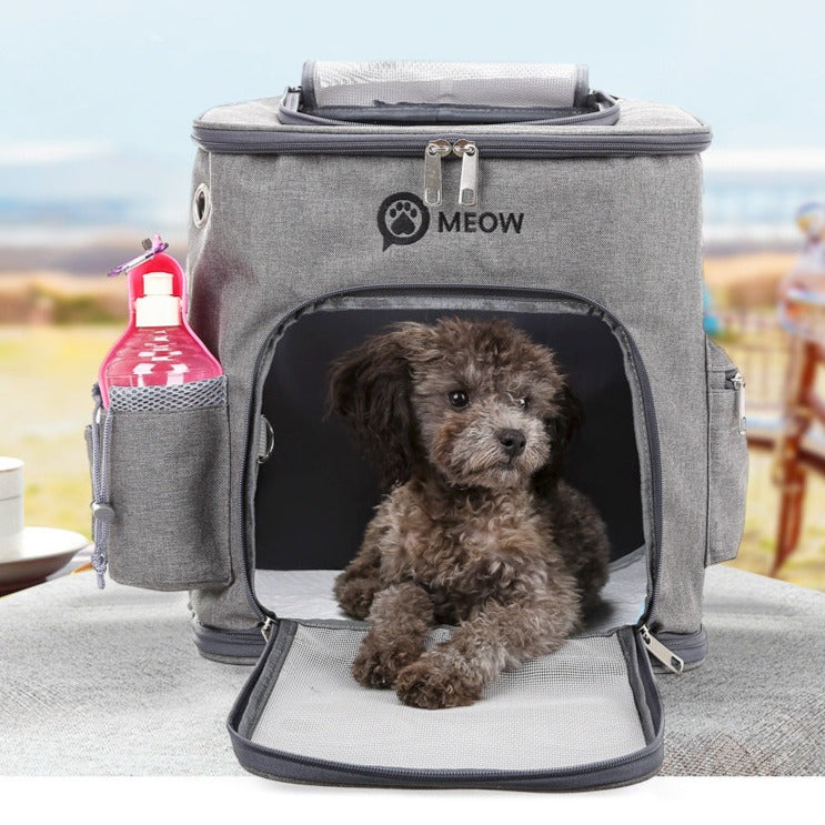 Four seasons pet travel trolley backpack. Large, breathable, comfortable. Luxury chic travel accessories for your pet.