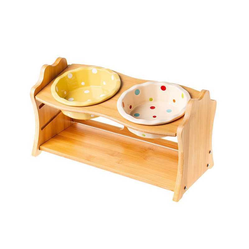Cat supplies, handmade ceramic bowl, solid wood bowl holder with 15 ° tilt. Luxury chic accessories for dogs, cats and pets.