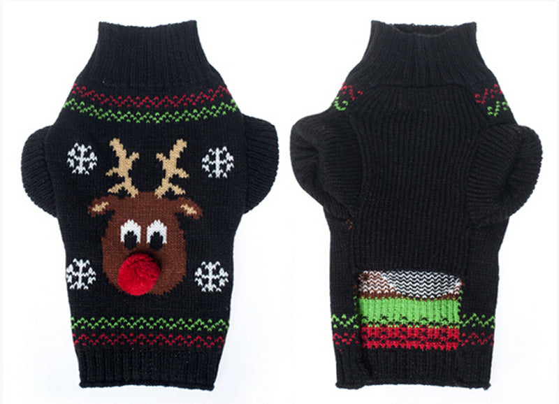 Christmas sweater with intarsia, stripes and reindeer with raised red nose for dogs, cats and pets