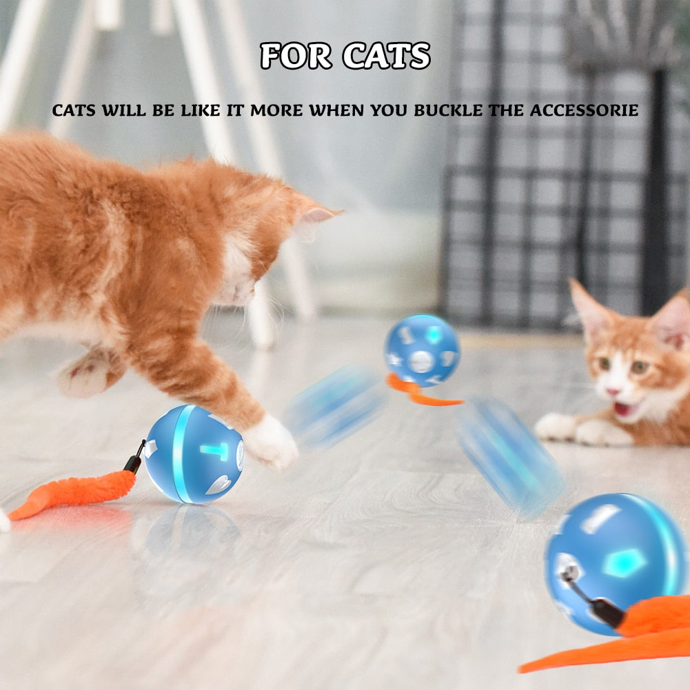 Interactive rotating glowing ball with feather. USB rechargeable. Smart toy for dogs, cats and pets.