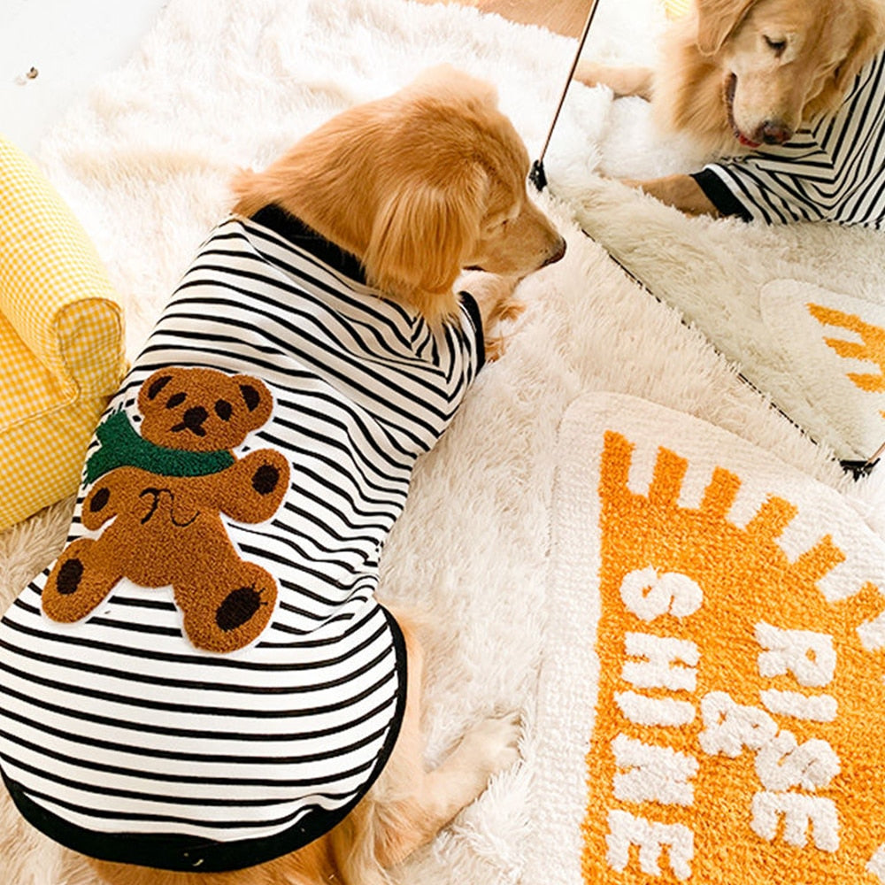 Striped T-shirt for large dogs with short sleeves and embossed bear embroidery. Luxury chic clothing for your pet.