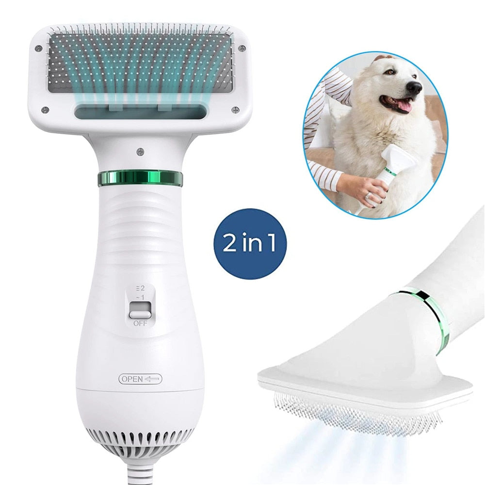 Cut your pet drying time in half with the 2-in-1 portable hair dryer brush. Adjustable temperature, 2 speeds and low noise. Hair dryer for dogs, cats and pets.