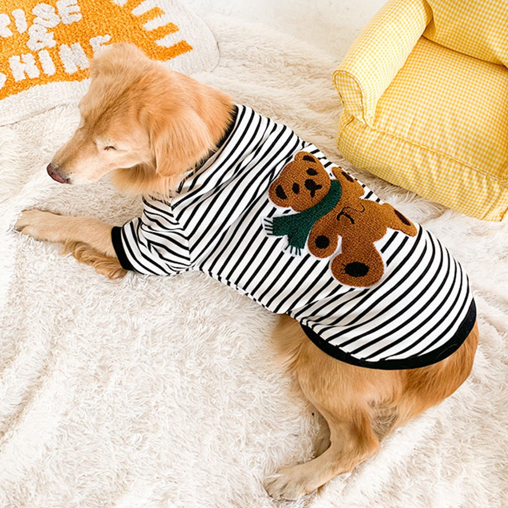Striped T-shirt for large dogs with short sleeves and embossed bear embroidery. Luxury chic clothing for your pet.