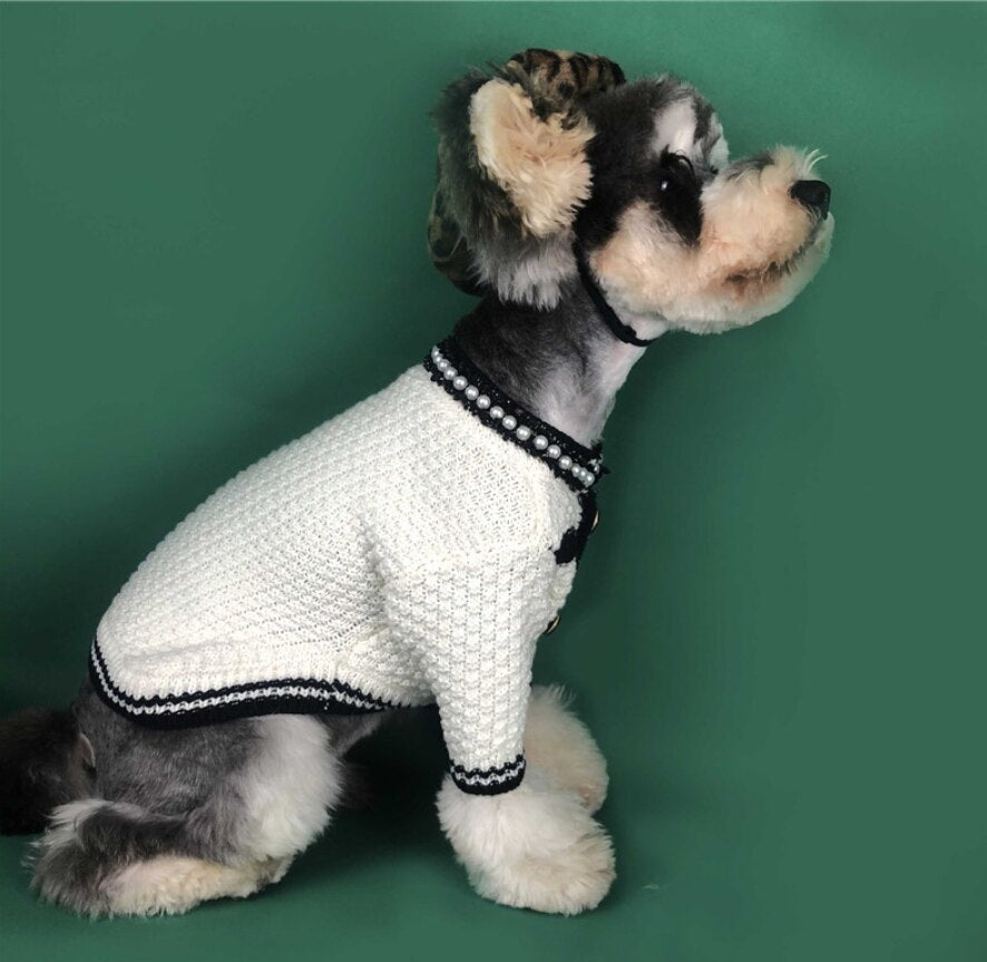 High quality knitted jacket with pearl round collar with cameo brooch. Luxury chic clothing for your pet.