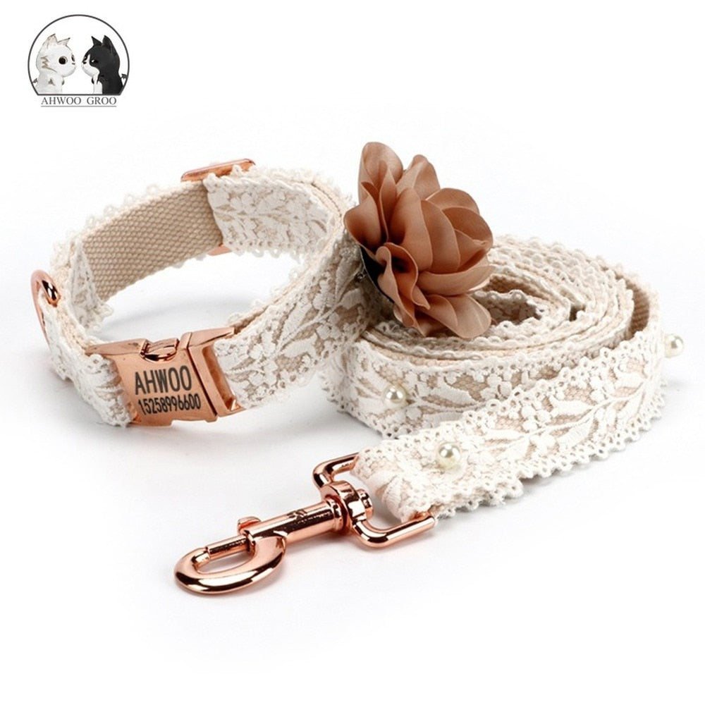 Leash and lace collar with applied pearls and large flower on the collar. Luxury chic accessories for dogs, cats and pets