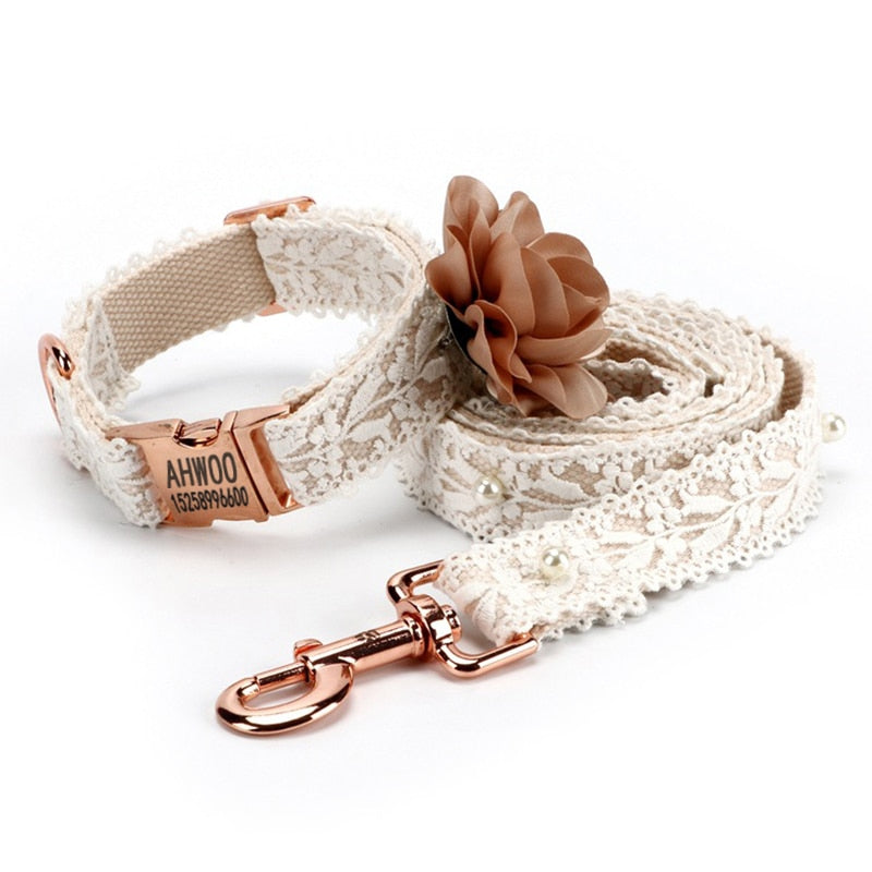 Leash and lace collar with applied pearls and large flower on the collar. Luxury chic accessories for dogs, cats and pets