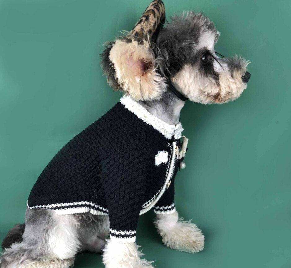 High quality knitted jacket with pearl round collar with cameo brooch. Luxury chic clothing for your pet.