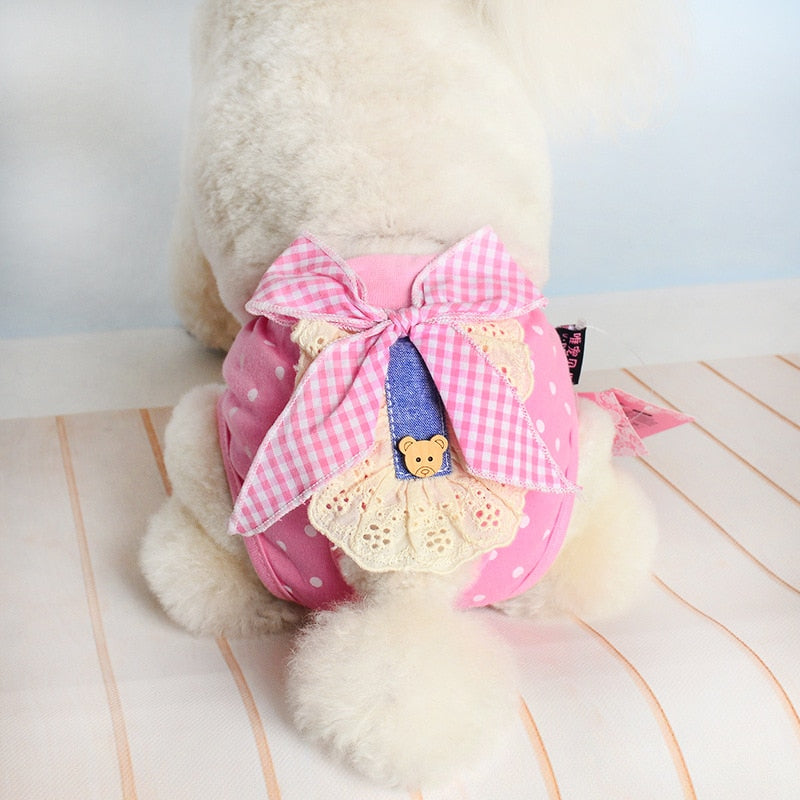 Hygienic panty for your Princess with large Vichy bow, lace and teddy bear appliqué. Luxury chic accessories and clothing for dogs, cats and pets.