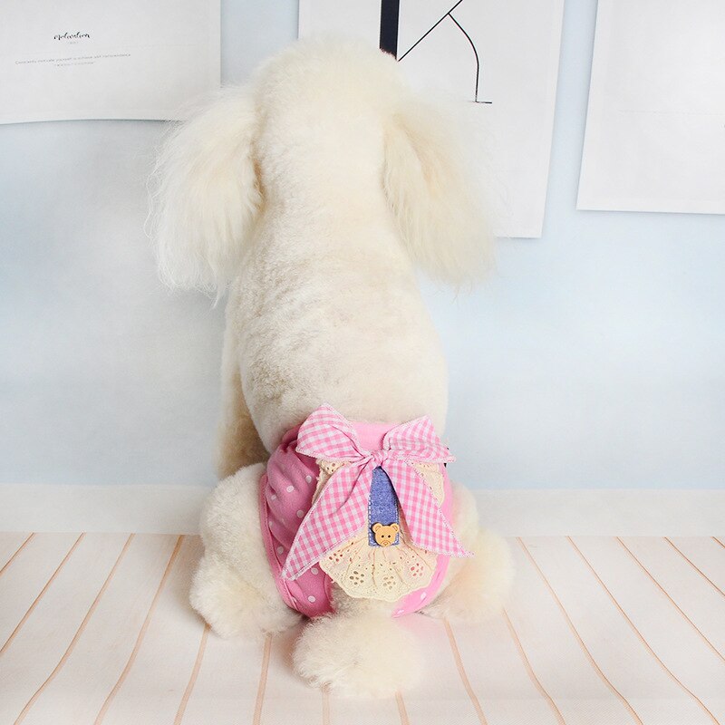 Hygienic panty for your Princess with large Vichy bow, lace and teddy bear appliqué. Luxury chic accessories and clothing for dogs, cats and pets.