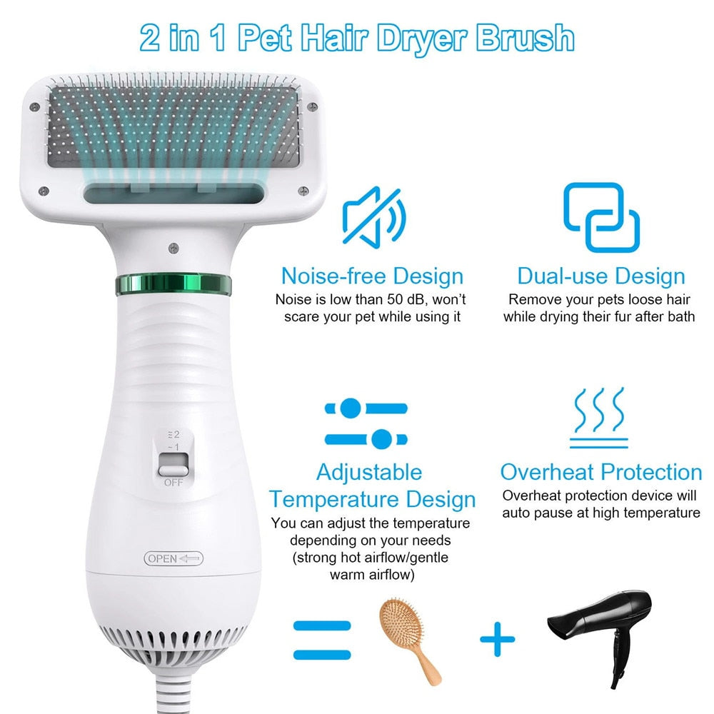Cut your pet drying time in half with the 2-in-1 portable hair dryer brush. Adjustable temperature, 2 speeds and low noise. Hair dryer for dogs, cats and pets.