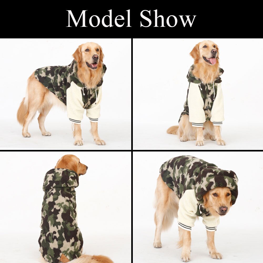 Camouflage jacket with hood for large dogs. Luxury chic clothing for your pet.