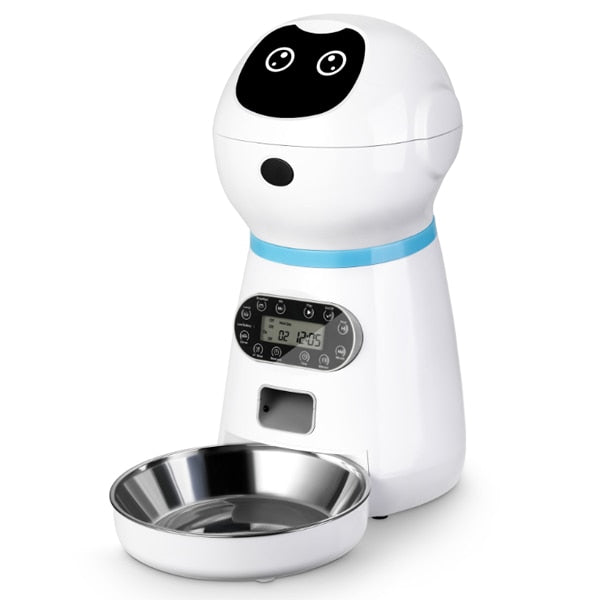 Automatic food dispenser. Record your voice to call your pet when it's feeding time even when you're not there.