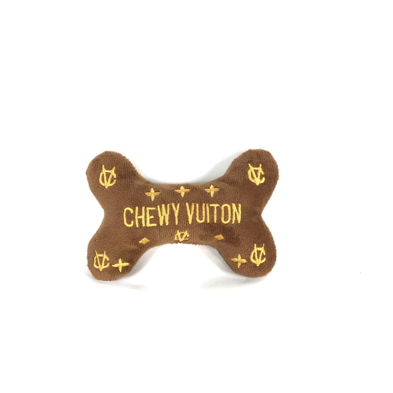 Chewy Vuitton, Hairmes and Cartiarf sound toys. Cute Chew Toys for Luxury Dogs.