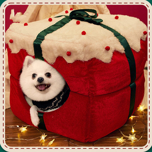 Cuccia a forma di pacco di regalo di Natale per cani, gatti e animali domestici.