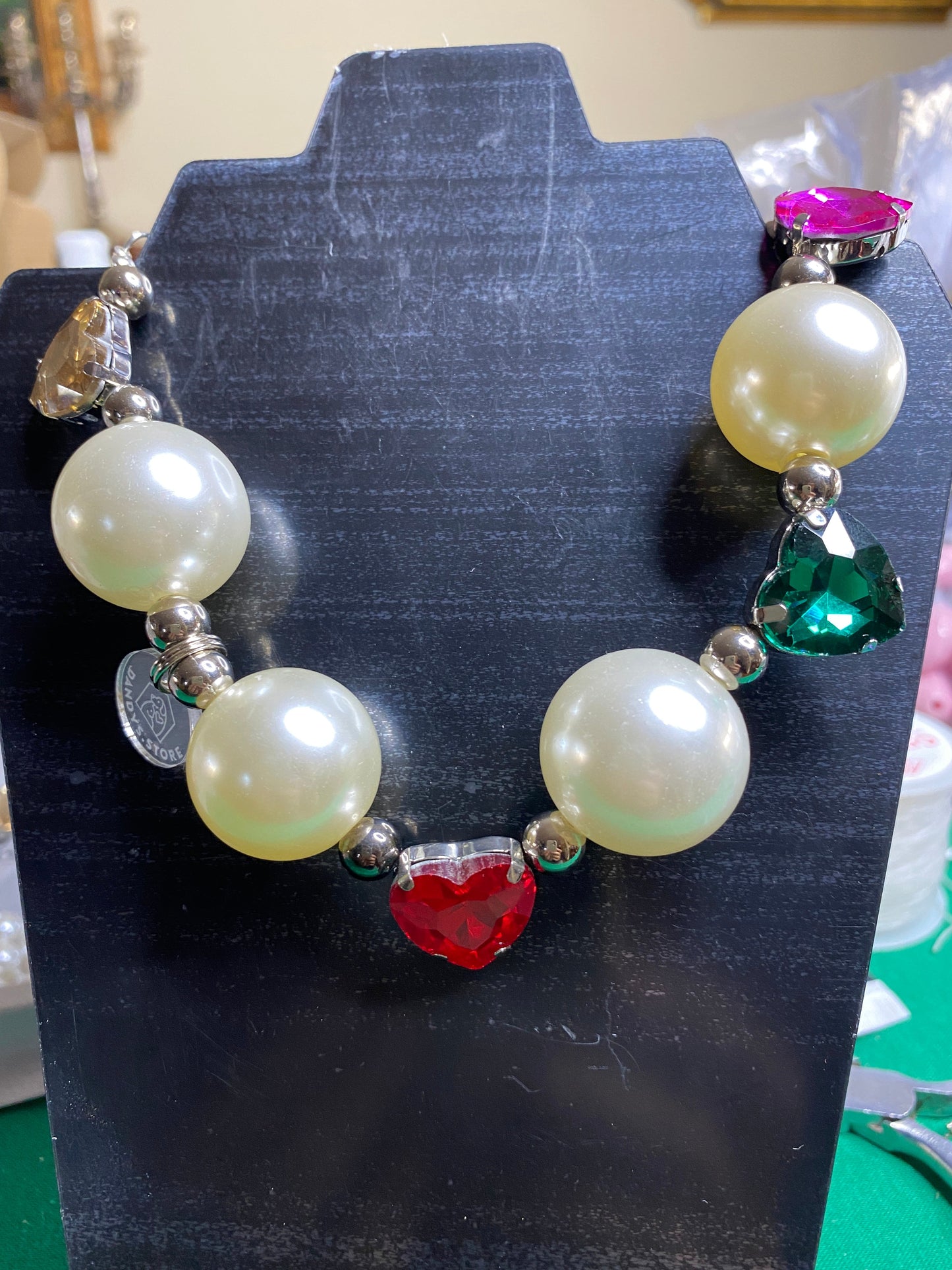 Necklace with Big Pearls and Heart-shaped semiprecious stones. Handmade with love for your pet.