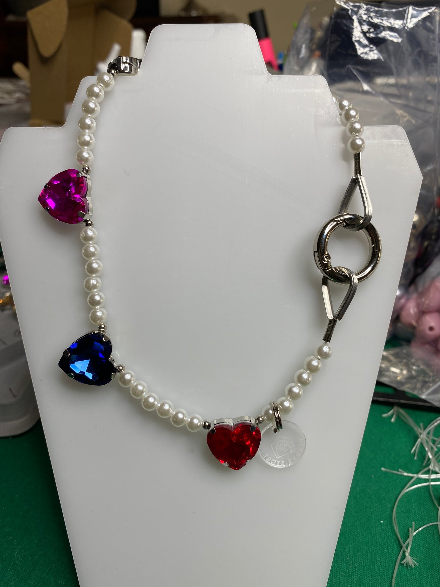 Necklace with Small Pearls and Heart-shaped semiprecious stones. Handmade with love for your pet.