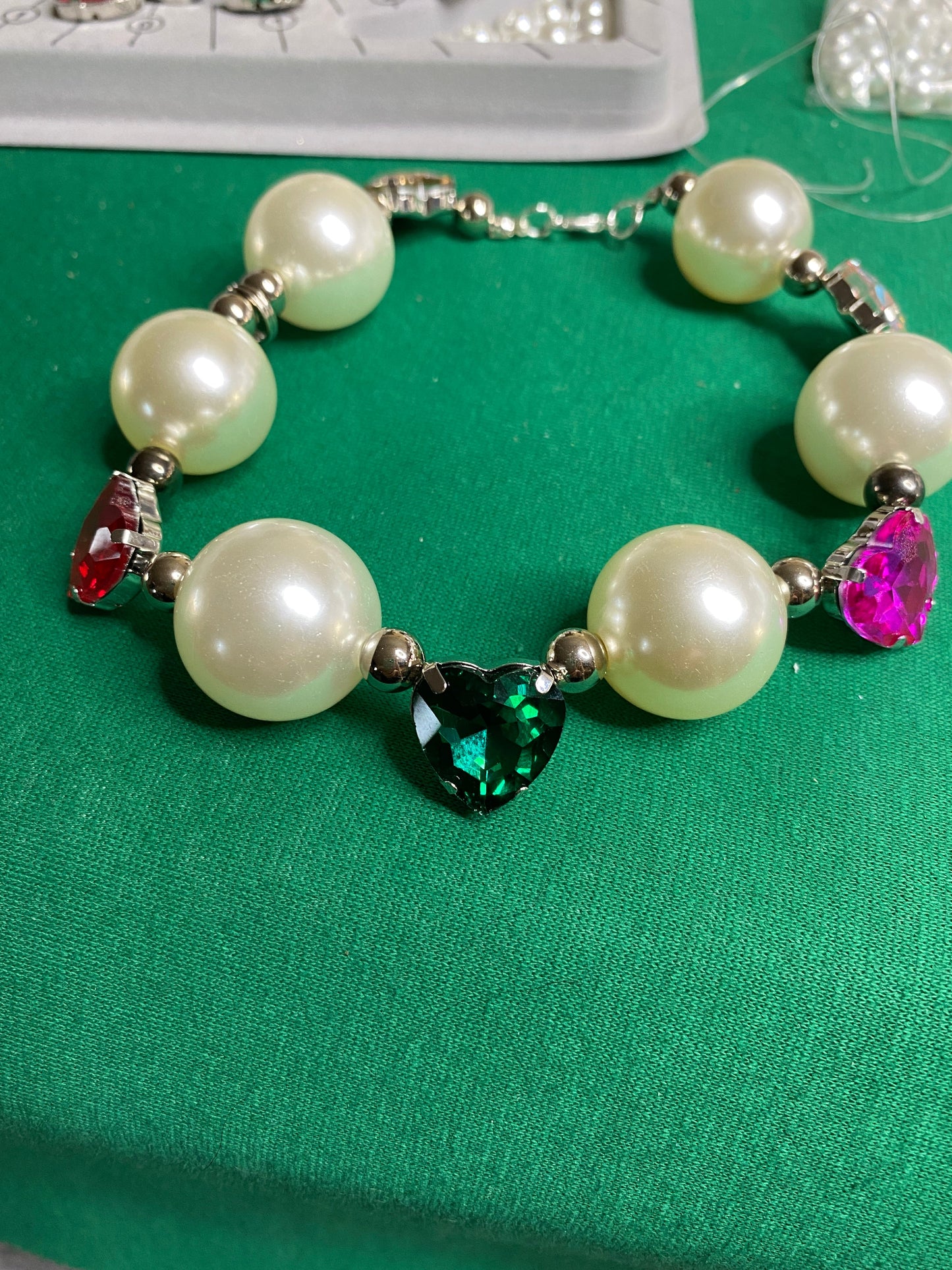 Necklace with Big Pearls and Heart-shaped semiprecious stones. Handmade with love for your pet.